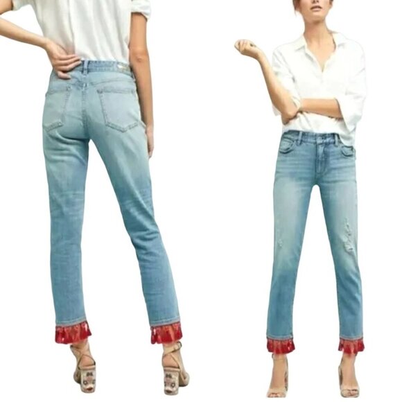 Anthropologie Pilcro Slim Boyfriend Red Tassel Bead Hem Size 30p - Picture 1 of 15